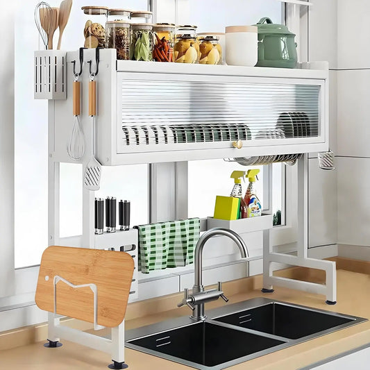 Dish drying rack above the three-tier sink