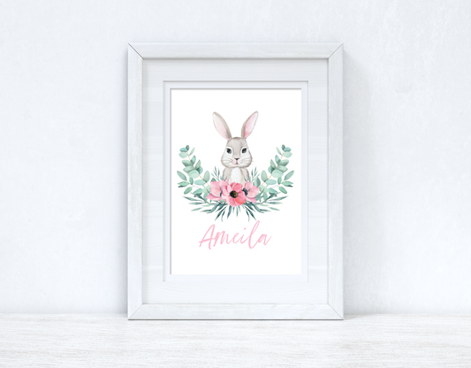 Personalised Pink Wording Floral Bunny Easter Spring Seasonal Wall Home Decor Print